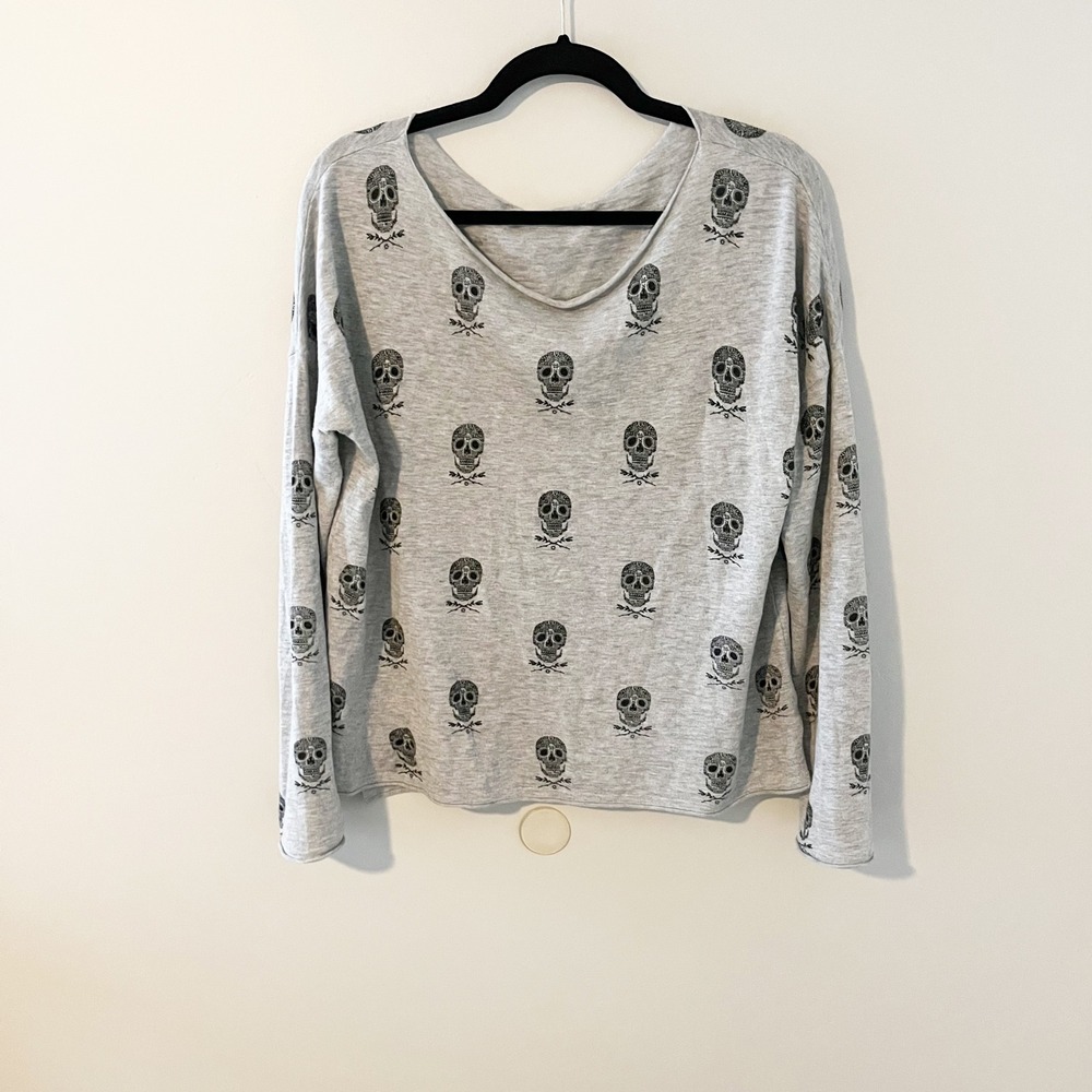Skull Cashmere Grey Skull Print Cotton Long Sleeve Sweater Top Medium